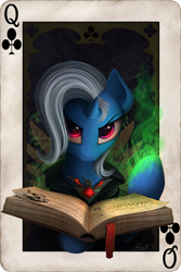 Size: 1100x1650 | Tagged: safe, artist:yakovlev-vad, derpibooru import, trixie, pony, unicorn, alicorn amulet, book, card, female, magic, mare, playing card, poker, poker card, solo