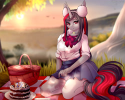 Size: 5000x4000 | Tagged: safe, artist:kuroran, oc, oc only, oc:flydry, anthro, unicorn, anthro oc, basket, beautiful, birthday cake, blanket, breasts, cake, clothes, cute, female, food, mare, moe, picnic, picnic blanket, pleated skirt, rcf community, shirt, skirt, solo, tree