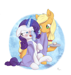 Size: 1800x1900 | Tagged: safe, artist:alasou, derpibooru import, applejack, rarity, earth pony, pony, unicorn, blanket, caring for the sick, cold, female, handkerchief, lesbian, rarijack, red nosed, shipping, sick, tea