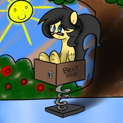 Size: 1200x1200 | Tagged: safe, artist:fullmetalpikmin, oc, oc only, oc:josie, birthday gift art, c:, cardboard background, cardboard box, crayon drawing, femboy, glasses, kiddie ride, male, ride, sitting, solo, sun, trap