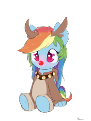 Size: 900x1200 | Tagged: safe, alternate version, artist:alasou, derpibooru import, rainbow dash, pegasus, pony, ambiguous facial structure, animal costume, antlers, background removed, bell, bell collar, bells, chibi, clothes, collar, cute, dashabetes, jingle bells, red nose, reindeer dash, rudolph dash, rudolph the red nosed reindeer, simple background, sitting, solo, transparent background