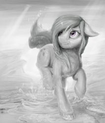 Size: 1450x1700 | Tagged: safe, artist:paticzaki, marble pie, earth pony, pony, crepuscular rays, floppy ears, grin, hope, looking up, monochrome, rain, raised hoof, raised leg, smiling, solo, water, wet, wet mane