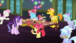 Size: 1920x1080 | Tagged: safe, screencap, apple bloom, carrot cake, cloudchaser, cup cake, flitter, starlight glimmer, pony, unicorn, a hearth's warming tail, cake, cookie, cupcake, cutie mark, discovery family logo, food, pie, the cmc's cutie marks