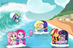 Size: 3800x2500 | Tagged: safe, artist:horsecat, applejack, fluttershy, pinkie pie, rainbow dash, rarity, sci-twi, sunset shimmer, twilight sparkle, equestria girls, beach, bracelet, bunny ears (gesture), cellphone, clothes, female, humane five, humane seven, humane six, jewelry, kissing, lesbian, phone, rarijack, selfie, shipping, smartphone, surfboard, surfing, tanktop, wave, wet clothes, wet hair