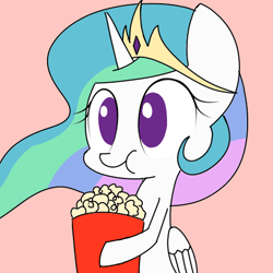 Size: 482x482 | Tagged: safe, artist:p-skink, princess celestia, alicorn, pony, :t, cute, cutelestia, eating, food, no pupils, pink background, popcorn, reaction image, simple background, solo