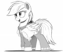 Size: 2721x2240 | Tagged: safe, artist:ncmares, rainbow dash, pegasus, pony, clothes, cute, dashabetes, female, hoodie, mare, monochrome, open mouth, pillow, sketch, solo, stockings, wing hold, wonderbolts