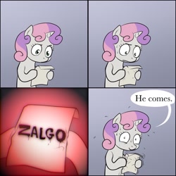 Size: 1024x1024 | Tagged: safe, sweetie belle, pony, unicorn, bipedal, breaking the fourth wall, comic, crying, dialogue, exploitable meme, female, filly, gradient background, he comes, hoof hold, horn, impending doom, letter, meme, meta, obligatory pony, paper, photoshop, solo, speech bubble, sweat, sweetie's note meme, two toned hair, two toned mane, white coat, zalgo