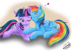 Size: 1000x684 | Tagged: safe, artist:xx-syaoran-kun-xx, rainbow dash, twilight sparkle, twilight sparkle (alicorn), alicorn, pegasus, pony, :3, behaving like a cat, blushing, female, grooming, heart, lesbian, licking, mare, nuzzling, prone, shipping, tongue out, traditional art, twidash