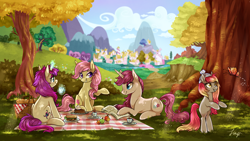 Size: 2500x1405 | Tagged: safe, artist:fayven, oc, oc only, oc:byzantine, oc:jolianna, oc:lilyana, oc:rosaline, butterfly, apple, basket, cup, food, magic, picnic, ponyville, sandwich, sisters