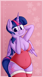 Size: 2160x3840 | Tagged: safe, artist:andelai, twilight sparkle, twilight sparkle (alicorn), alicorn, anthro, absolute cleavage, big breasts, blushing, breasts, christmas, chubby, chubby twilight, cleavage, clothes, costume, female, headlight sparkle, holiday, leotard, lingerie, mare, plump, santa costume, socks, solo, thick, thigh highs, wide hips