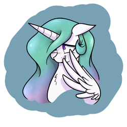 Size: 1250x1250 | Tagged: safe, artist:bellspurgebells, princess celestia, alicorn, pony, bashful, blushing, covering, cute, cutelestia, embarrassed, floppy ears, shy, smiling, solo, thank you, wing hands