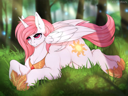 Size: 4000x3000 | Tagged: safe, artist:kuroran, princess celestia, alicorn, pony, :3, cheek fluff, chest fluff, collar, crepuscular rays, cute, cutelestia, ear fluff, female, forest, grass, jewelry, lidded eyes, looking up, mare, missing accessory, nature, necklace, pink-mane celestia, prone, rcf community, reflection, regalia, smiling, solo, spread wings, wing fluff, wings