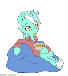 Size: 1200x1350 | Tagged: safe, artist:alasou, lyra heartstrings, beanbag chair, bowl, chips, clothes, cute, food, lyrabetes, mouth hold, patreon, simple background, sitting, solo, transparent background