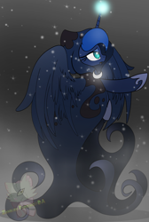 Size: 2222x3297 | Tagged: safe, artist:zombies-pudding, princess luna, alicorn, pony, a hearth's warming tail, cloak, clothes, female, magic, mare, snow, snowfall, solo, spirit of hearth's warming yet to come, watermark