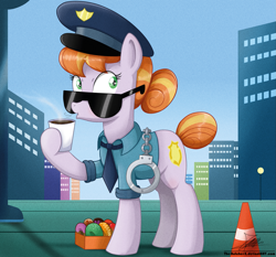 Size: 1871x1742 | Tagged: safe, artist:the-butch-x, copper top, pony, the gift of the maud pie, beverage, blowing, box, city, clothes, coffee, cuffs, cup, donut, female, food, hot, mare, necktie, police officer, police uniform, signature, solo, sunglasses
