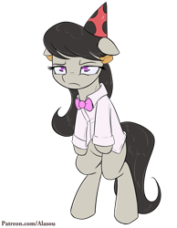 Size: 1225x1575 | Tagged: safe, artist:alasou, octavia melody, earth pony, pony, semi-anthro, bipedal, clothes, hat, octavia is not amused, party hat, patreon, shirt, simple background, solo, transparent background, unamused