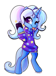 Size: 1024x1366 | Tagged: safe, artist:spindlespice, trixie, pony, semi-anthro, unicorn, alternate hairstyle, babysitter trixie, bipedal, cellphone, clothes, cute, diatrixes, eyelashes, female, hoodie, mare, one eye closed, phone, smartphone, tail, tongue, tongue out, wink