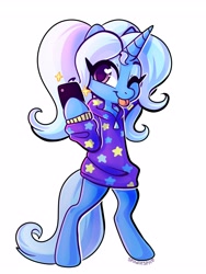 Size: 2400x3200 | Tagged: safe, artist:spindlespice, trixie, pony, unicorn, :p, alternate hairstyle, babysitter trixie, bipedal, clothes, cute, diatrixes, female, gameloft, gameloft interpretation, heart eyes, high res, hoodie, hoof hold, mare, one eye closed, phone, pigtails, simple background, solo, tongue out, white background, wingding eyes, wink