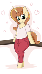 Size: 2160x3820 | Tagged: safe, artist:andelai, oc, oc only, oc:celice, semi-anthro, unicorn, bipedal, clothes, female, heart, looking at you, mare, pants, shirt, solo