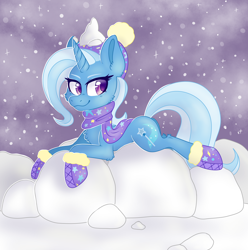 Size: 2400x2423 | Tagged: safe, artist:spindlespice, trixie, pony, unicorn, boots, chest fluff, clothes, female, mare, mittens, prone, scarf, shoes, smiling, snow, snowfall, solo, winter outfit