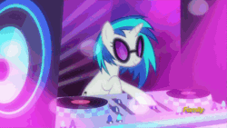 Size: 500x281 | Tagged: safe, screencap, azure velour, dj pon-3, flashdancer, pacific glow, vinyl scratch, earth pony, pony, unicorn, the saddle row review, :o, animated, backbend, bipedal, butt shake, club pony party palace, dance floor, dancing, discovery family logo, female, flank spin, hooves up, mare, not pinkie pie, pacifier, party, plot, smiling, speaker, tail twirl, turntable