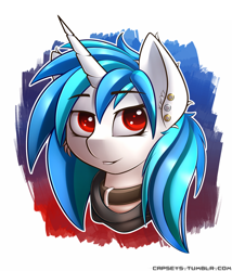 Size: 1280x1493 | Tagged: safe, artist:capseys, dj pon-3, vinyl scratch, pony, unicorn, abstract background, bust, choker, clothes, collar, colored pupils, ear fluff, ear piercing, piercing, portrait, red eyes, smiling, solo, wrong eye color
