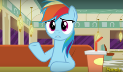 Size: 1037x606 | Tagged: safe, screencap, rainbow dash, pegasus, pony, the saddle row review, blue coat, discovery family logo, female, mare, multicolored mane, solo