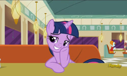 Size: 795x477 | Tagged: safe, screencap, beaude mane, joan pommelway, twilight sparkle, twilight sparkle (alicorn), alicorn, earth pony, pony, the saddle row review, background pony, cafe, discovery family logo, female, joan holloway, lidded eyes, male, mare, smuglight sparkle, stallion