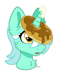 Size: 2400x3200 | Tagged: safe, artist:spindlespice, lyra heartstrings, pony, unicorn, bust, butter, food, horn impalement, pancakes, portrait, simple background, solo, transparent background