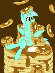 Size: 2400x3200 | Tagged: safe, alternate version, artist:spindlespice, lyra heartstrings, pony, unicorn, brown background, eating, food, pancakes, simple background, solo, sparkles