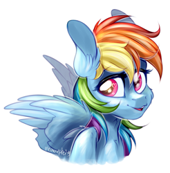 Size: 2371x2407 | Tagged: safe, artist:meowcephei, rainbow dash, pegasus, pony, bust, ear fluff, female, looking back, mare, open mouth, portrait, simple background, sketch, smiling, solo, spread wings, white background, wings