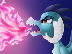 Size: 1024x768 | Tagged: safe, artist:spindlespice, princess ember, dragon, dragoness, female, fire, fire breath, gradient background, open mouth, pink fire, solo