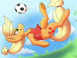 Size: 1024x768 | Tagged: safe, artist:spindlespice, applejack, earth pony, pony, clothes, cloud, female, football, grass, mare, sky, smiling, solo, sports