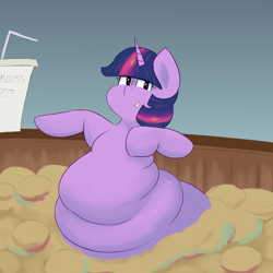 Size: 2500x2500 | Tagged: safe, artist:lupin quill, twilight sparkle, pony, belly, belly button, big belly, burger, chubby, chubby cheeks, chubby twilight, drink, fast food, fat, female, food, hay burger, ketchup, lettuce, mare, obese, rolls of fat, sauce, swimming pool, twilard sparkle, twilight burgkle