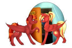 Size: 1024x683 | Tagged: safe, artist:doodle-28, oc, oc only, oc:blaze emberbreath, oc:firelight, bat pony, pegasus, pony, brother and sister, door, female, male, siblings