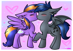 Size: 1272x890 | Tagged: safe, artist:ashee, oc, oc only, oc:electric aura, oc:fang, bat pony, pegasus, pony, blushing, ear piercing, elecfang, female, hoof hold, kissing, male, mare, oc x oc, piercing, shipping, stallion, straight, wingboner