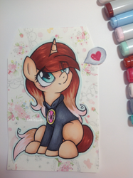 Size: 1936x2592 | Tagged: safe, artist:chelseaz123, oc, oc only, oc:cindy, unicorn, clothes, copic, drawing, female, heart, hoodie, jewelry, mare, marker, marker drawing, markers, pendant, solo, traditional art