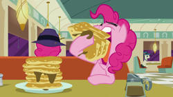 Size: 1366x768 | Tagged: safe, screencap, lucky breaks, pinkie pie, earth pony, pony, the saddle row review, animation error, clone, food, great moments in animation, hat, pancakes, pinkie clone, the clone that got away, wat