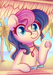 Size: 1600x2264 | Tagged: safe, artist:musicfirewind, bon bon, sweetie drops, earth pony, pony, adorabon, alternate hairstyle, beach, cute, female, jewelry, looking at you, mare, necklace, ocean, palm tree, smiling, solo, tree, underhoof, waving, wet mane