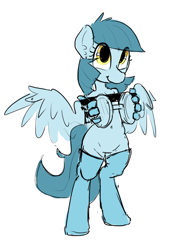 Size: 1280x1851 | Tagged: safe, artist:tallaferroxiv, oc, oc only, oc:stormy skies, pegasus, pony, semi-anthro, belly button, clothes, goggles, request, smiling, socks, solo, wings