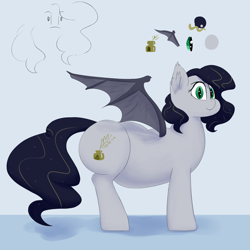 Size: 2500x2500 | Tagged: safe, artist:lupin quill, oc, oc only, oc:scrivener, bat pony, pony, bat pony oc, bat wings, belly, chubby, fat, female, reference sheet, simple background, solo, spread wings, wings