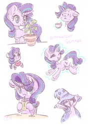 Size: 1240x1754 | Tagged: safe, artist:musicfirewind, phyllis, starlight glimmer, pony, unicorn, accessory theft, cape, clothes, cup, glass, hat, heart, magic, magic aura, solo, starlight wearing trixie's hat, straw, table, teacup, text, trixie's cape, trixie's hat