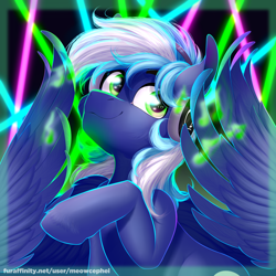 Size: 2000x2000 | Tagged: safe, artist:meowcephei, oc, oc:moonlight drop, pegasus, pony, bust, commission, headphones, icon, music notes, neon, portrait, solo