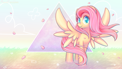 Size: 1920x1080 | Tagged: safe, artist:musicfirewind, fluttershy, pegasus, pony, cute, female, flower, grass, head turn, looking at you, mare, petals, serenity, shyabetes, smiling, solo, spread wings, standing, wallpaper, windswept mane, wings
