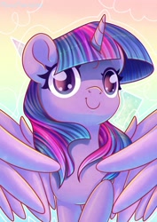 Size: 1280x1807 | Tagged: safe, artist:musicfirewind, twilight sparkle, twilight sparkle (alicorn), alicorn, pony, cute, female, gradient background, mare, solo, spread wings, twiabetes, wings