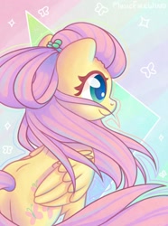 Size: 1280x1720 | Tagged: safe, artist:musicfirewind, fluttershy, pegasus, pony, the last problem, abstract background, butt, colored pupils, cute, female, mare, older, older fluttershy, plot, shyabetes, smiling, solo