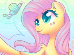 Size: 1280x953 | Tagged: safe, artist:musicfirewind, fluttershy, butterfly, pegasus, pony, blushing, bust, cute, female, looking at something, mare, shyabetes, solo, spread wings, three quarter view, wings