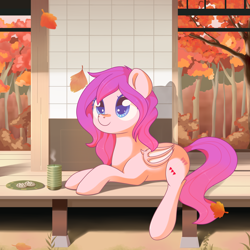 Size: 2100x2100 | Tagged: safe, artist:musicfirewind, oc, oc only, oc:candy bat, bat pony, pony, autumn, bat pony oc, bench, cookie, cute, female, food, leaves, mare, mug, solo, tree