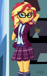 Size: 2500x4000 | Tagged: safe, artist:horsecat, sunset shimmer, equestria girls, arm behind head, bedroom eyes, big breasts, blazer, breasts, clothes, commission, crystal prep academy uniform, female, glasses, looking at you, necktie, open clothes, plaid skirt, pose, rolled up sleeves, school uniform, shirt, skirt, smiling, socks, solo, standing, sunset jiggler, uniform