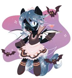 Size: 1948x2100 | Tagged: safe, artist:musicfirewind, oc, oc only, oc:winter's night, bat, bat pony, pony, alcohol, apron, bat pony oc, bipedal, clothes, cute, dress, drink, ethereal mane, eye scar, fangs, female, fingerless gloves, glass, gloves, hoof hold, maid, maid headdress, mare, martini, raised hoof, scar, simple background, socks, solo, starry mane, stockings, thigh highs, transparent background, tray, ych result